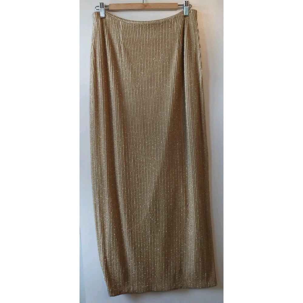 Vintage 90s Cache‎ Skirt Womens 10 Gold Metallic Maxi Shimmer Stretch Party Slit